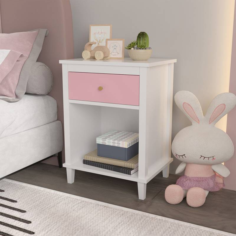 Charming Pink Wooden Nightstand with Shelf & Drawer