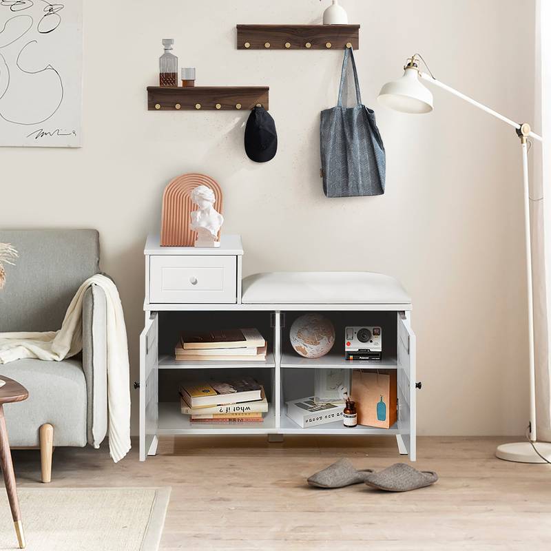 Cozy White Shoe Storage Bench with Cushion and Adjustable Drawer