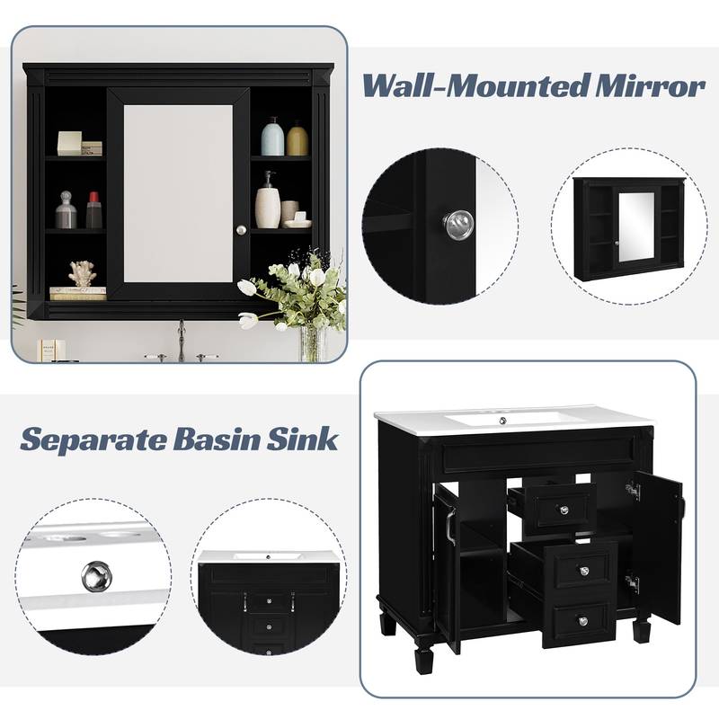 Sleek Black Bathroom Vanity with Mirror & Soft-Close Storage