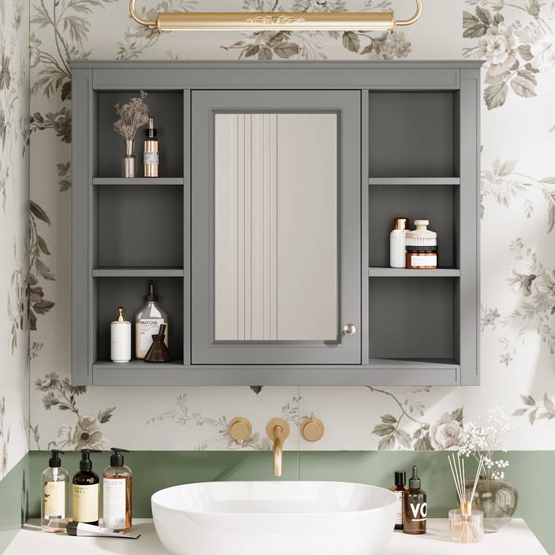 Sleek Wall-Mounted Mirror Cabinet with Open Shelves