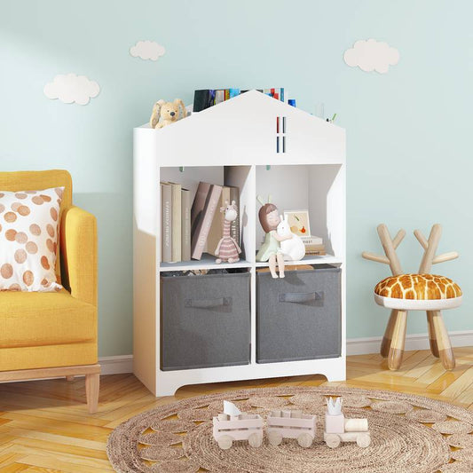 Charming Dollhouse Bookcase for Kids with Fun Fabric Storage!