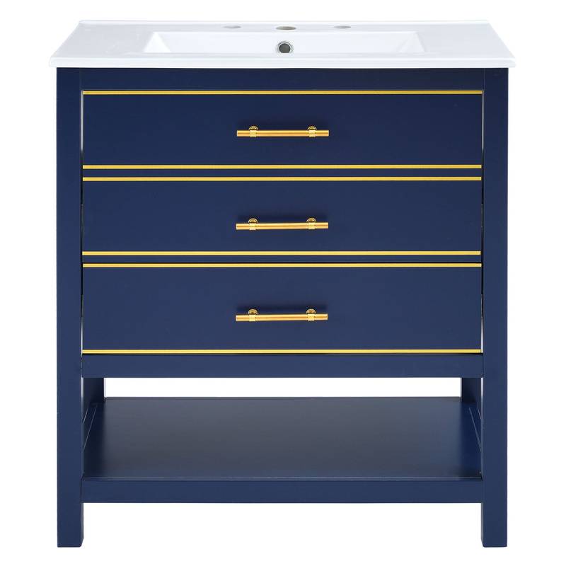 Navy Bliss: Stylish Bathroom Vanity with Open Storage