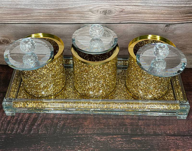 Glamour Canister Set: Tea, Sugar, and Coffee with Sparkling Tray