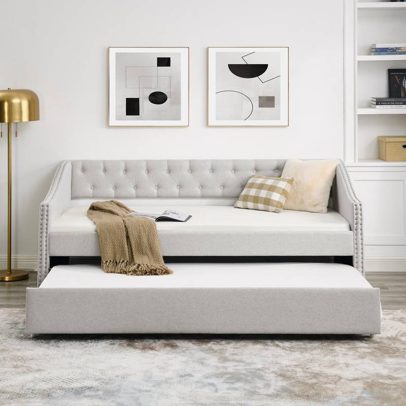 Chic Beige Twin Daybed with Cozy Trundle