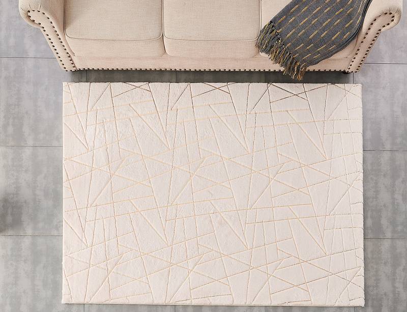 Chic Gold-Gilded Beige Faux Fur Area Rug