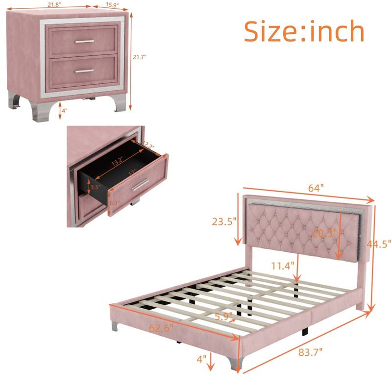 Pink Dream Bedroom Set with LED Bed and Nightstands