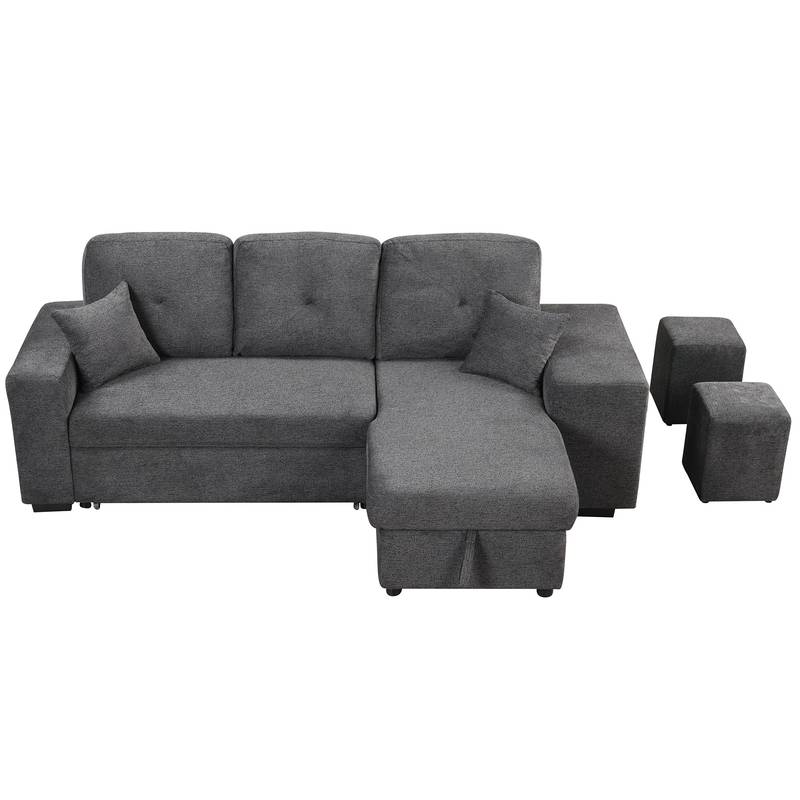 Versatile L-Shaped Sofa Bed with Side Shelf & Stools