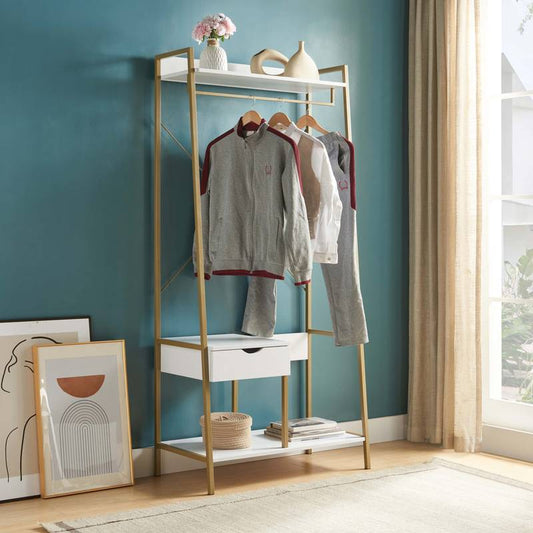 Chic White & Gold Clothes Rack with Open Shelves