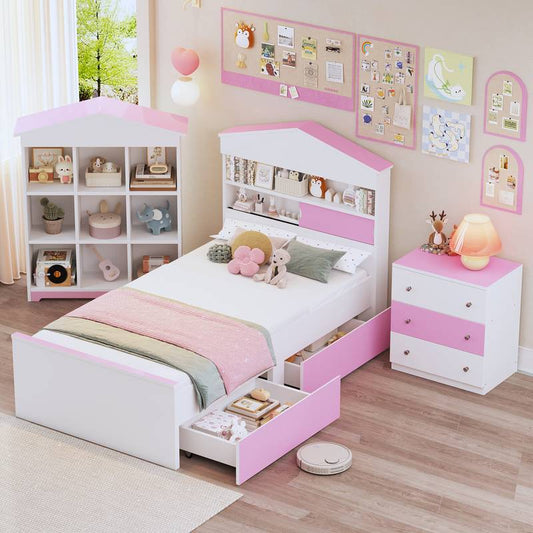 Charming Twin House Bed Set with Storage and Nightstand in Pink and White
