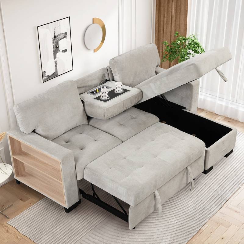 Chic Light Gray Chaise Lounge with Hidden Storage and USB Charger