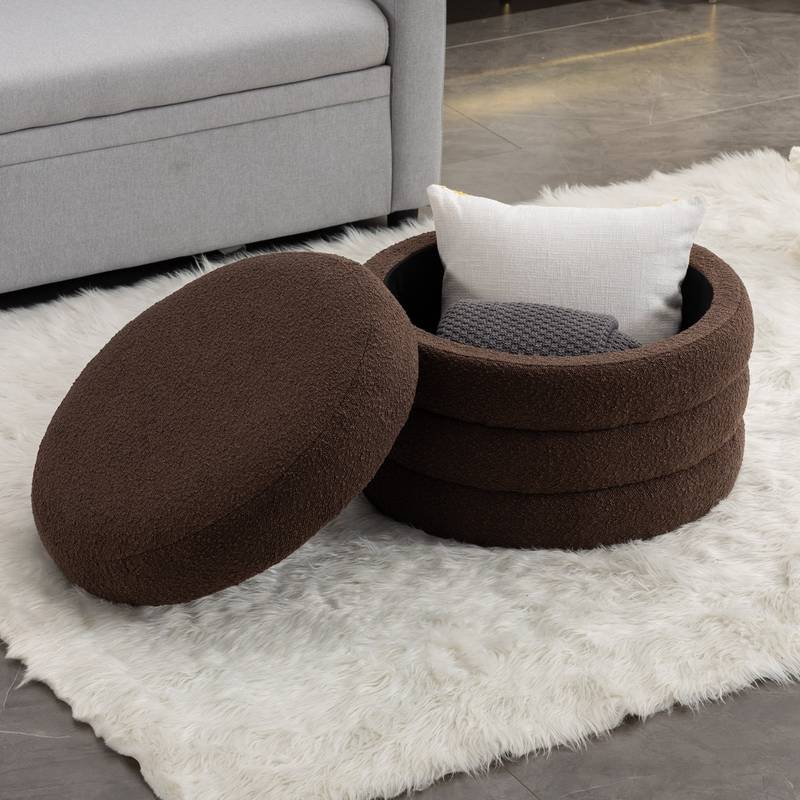 Cozy Round Storage Ottoman with Wood Shelves - Brown