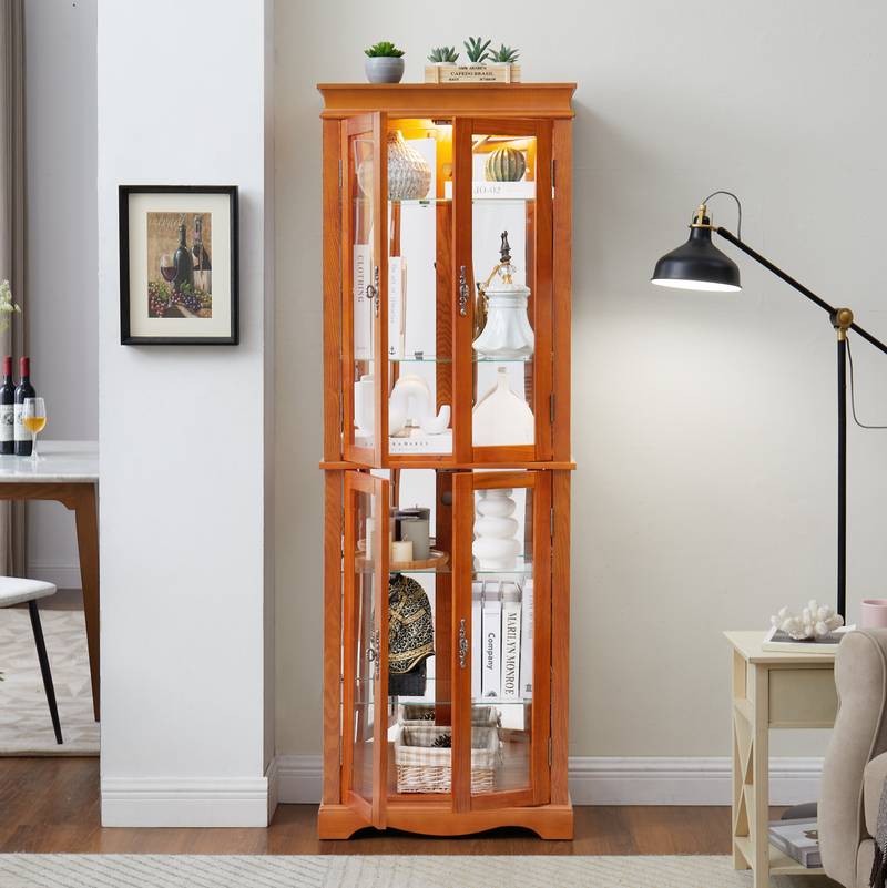 Illuminated Oak Glass Display Cabinet