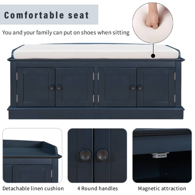 Navy Storage Bench with Cushion & Shelves