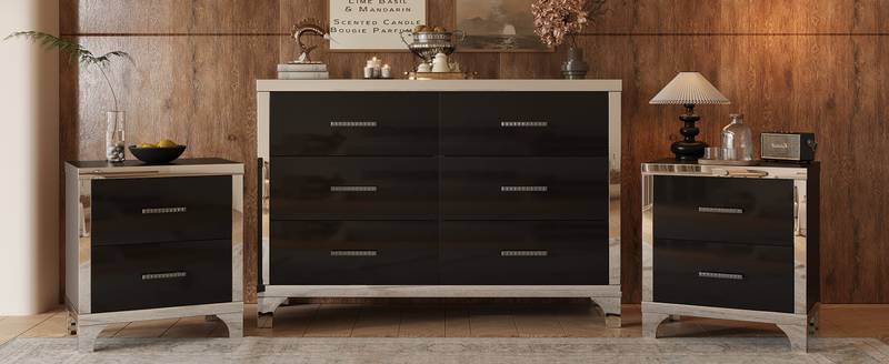 Chic Black Dresser and Nightstand Duo with Mirror Accents