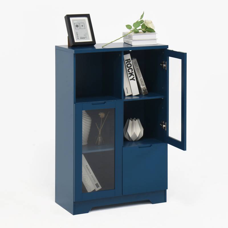 Navy Blue Glass-Front Cabinet with Open Storage