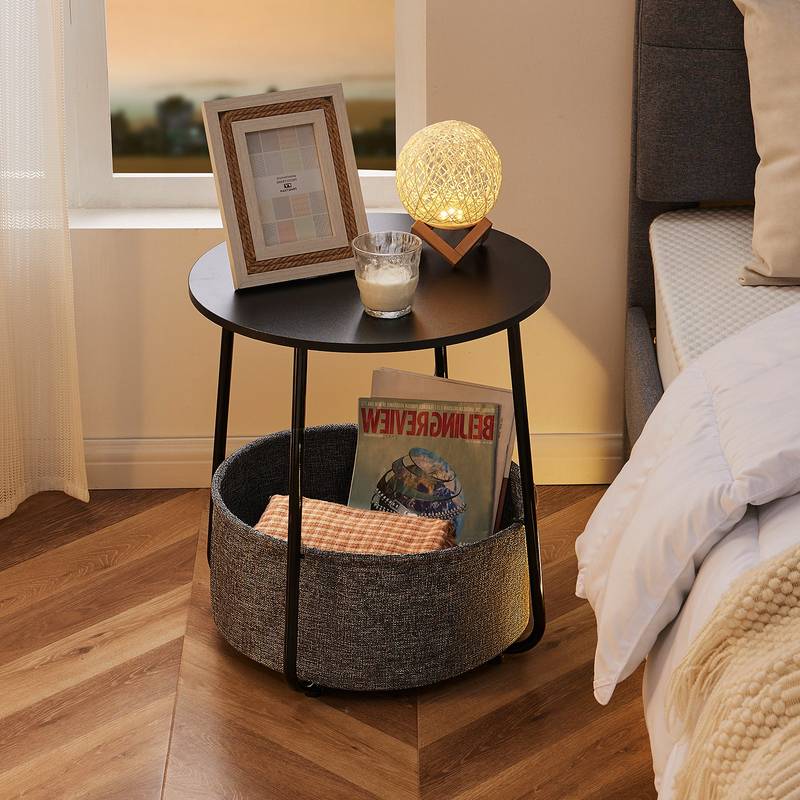 Chic Round Side Table with Fabric Basket