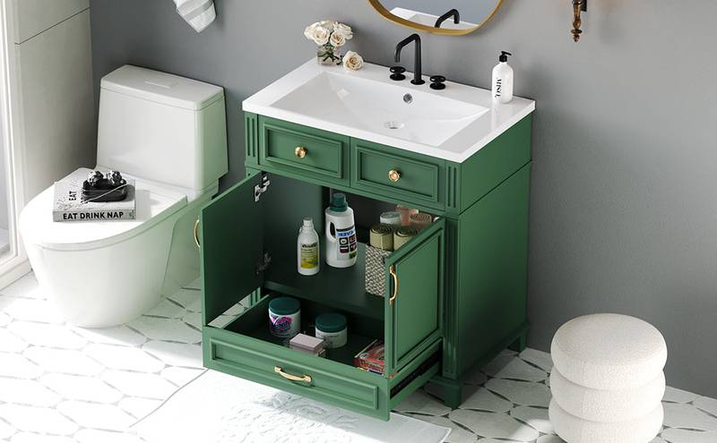 Vintage Green Bathroom Vanity with Soft-Close Storage