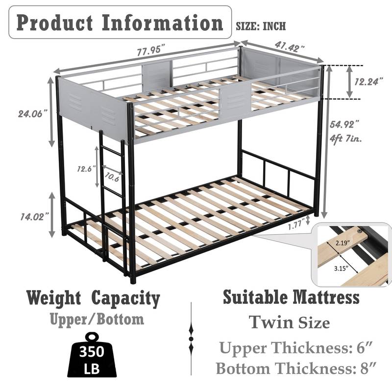 Sturdy Metal Twin Bunk Bed with Safety Guardrails