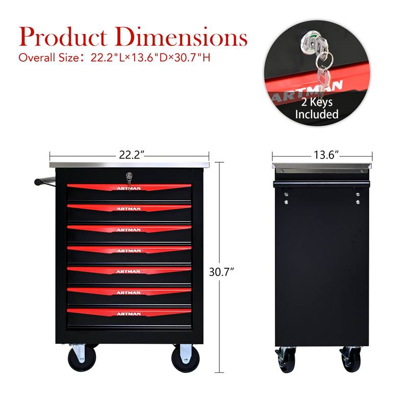 Rolling Tool Cart with Stainless Steel Top - Black & Red