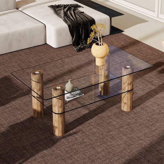 Sleek Dual-Layer Glass Coffee Table with Wooden Accents