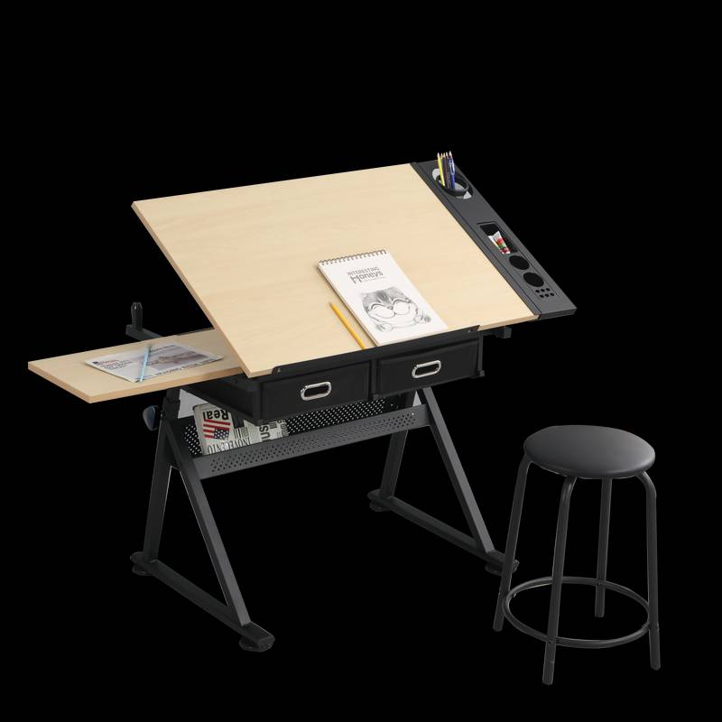Versatile Drawing Desk with Storage and Stool