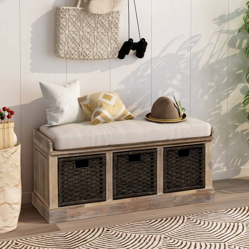Chic Rustic Storage Bench with Woven Baskets and Cozy Cushion