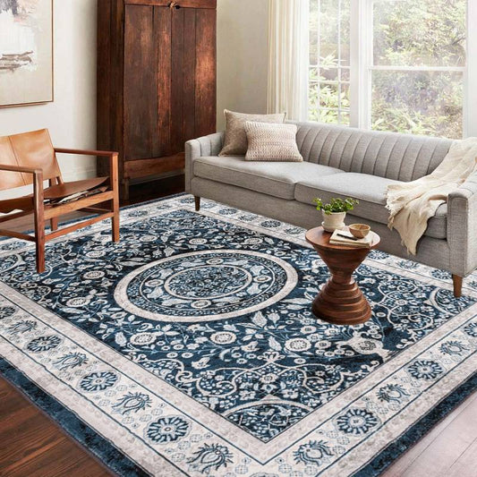Boho Chic Non-Slip Washable Rug - Vintage Floral Navy Blue