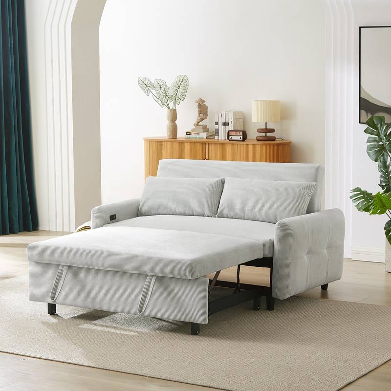 Light Blue Sleeper Sofa with USB Ports and Pillows