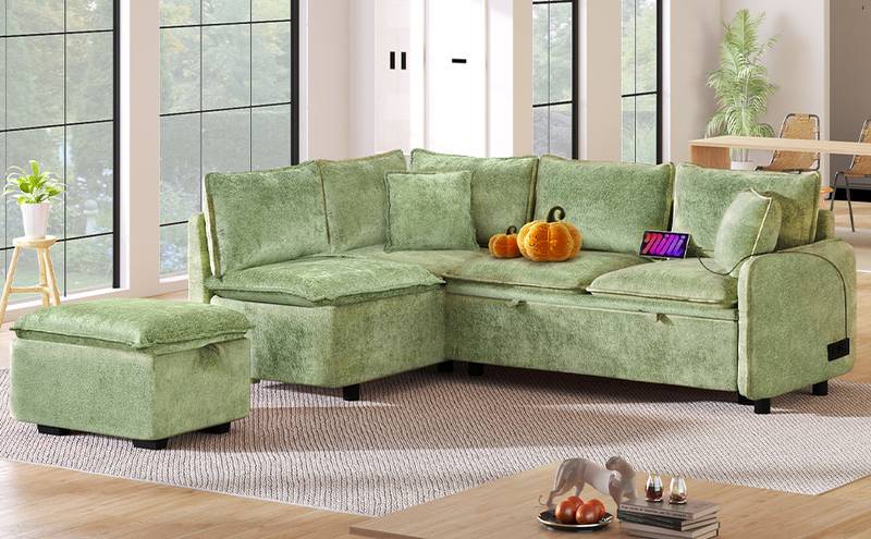 Cozy Green Convertible Sofa Bed with Storage & USB Charging