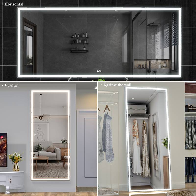 GlamGlow LED Bathroom Mirror: Illuminated Full-Body Reflection in Silver
