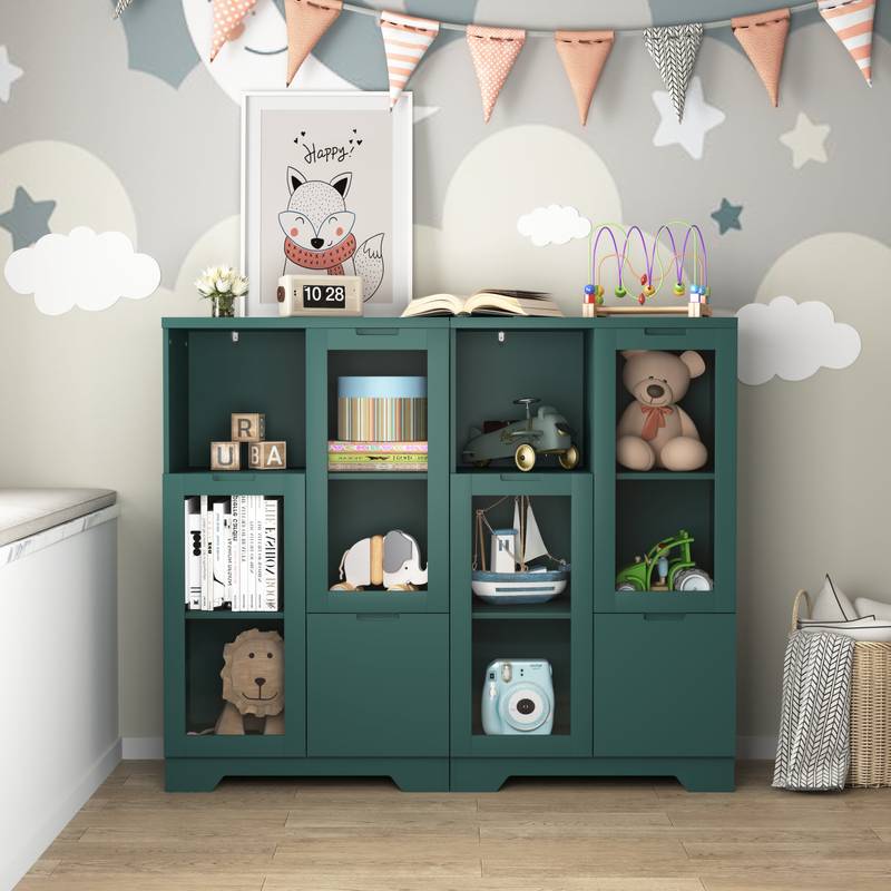 Chic Green Cabinet with Glass Doors and Open Storage
