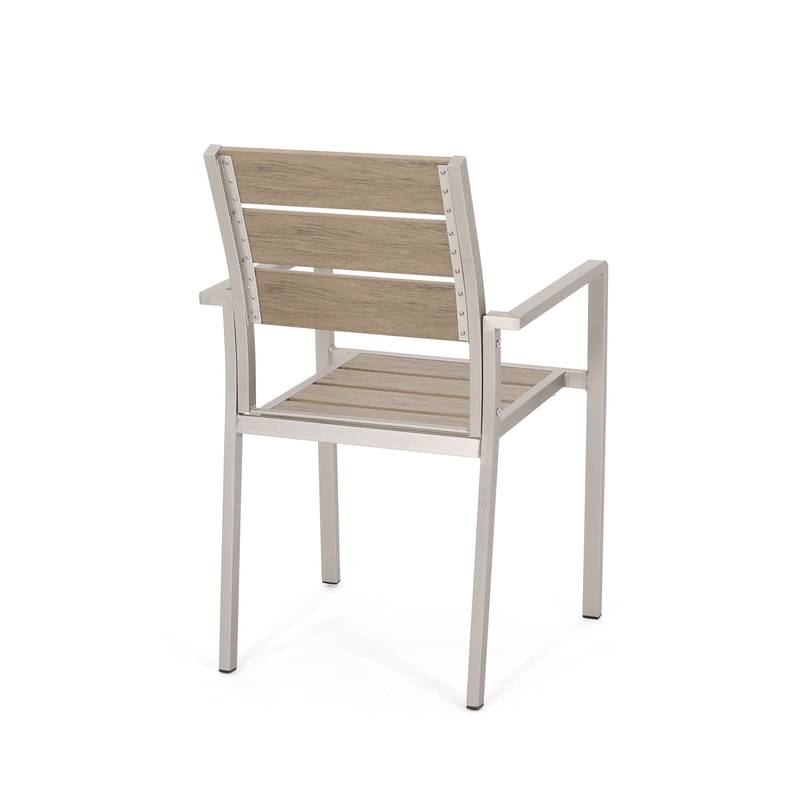 Stylish Outdoor Aluminum Dining Chairs with Natural Wood Look - Set of Two