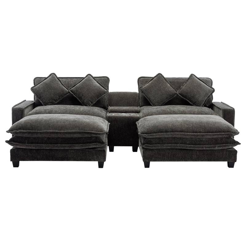 Cozy Black Chenille Sectional Sofa with Ottomans and USB Ports