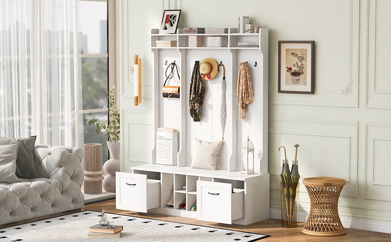 Versatile Entryway Bench with Coat Rack & Drawers