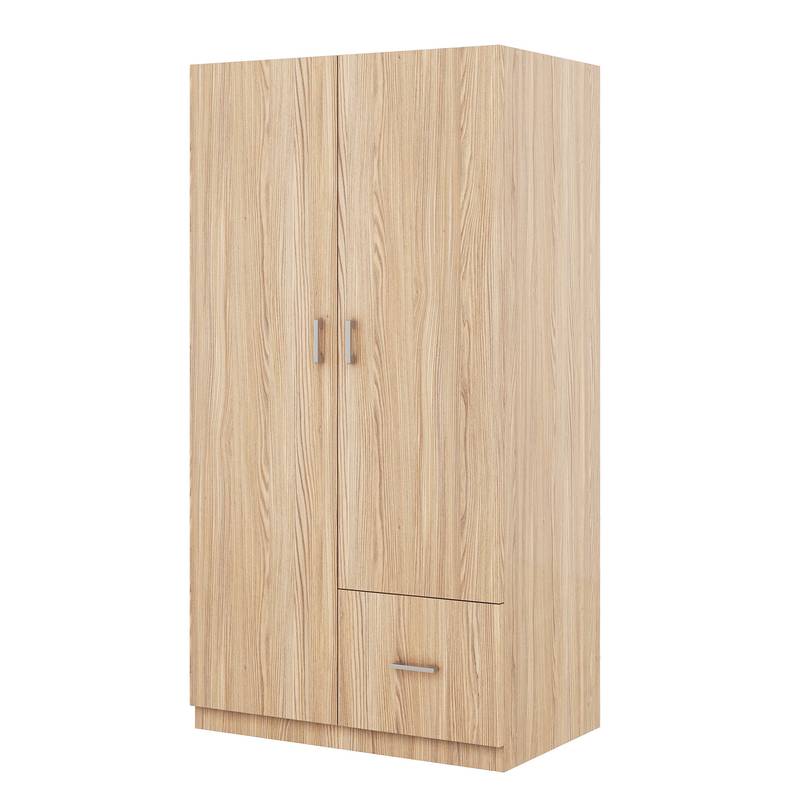 Natural Wooden Double Door Armoire with Shelves & Rod
