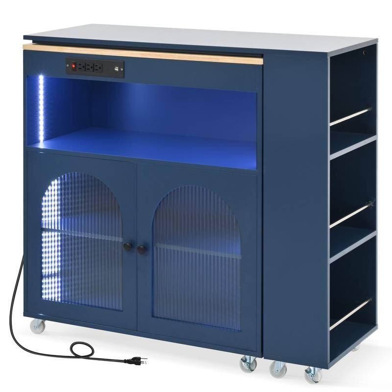 Navy Rolling Kitchen Island with LED Lights & Storage