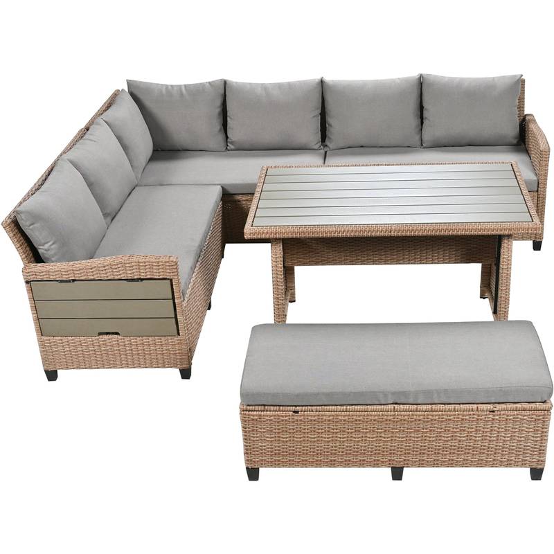 Cozy Rattan Patio Sofa Set with Extendable Tables