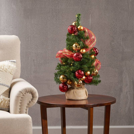 Warm Glow Burlap Tree with Red and Gold Decor
