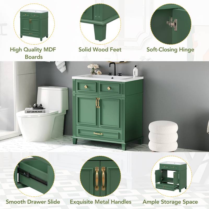 Vintage Green Bathroom Vanity with Soft-Close Storage
