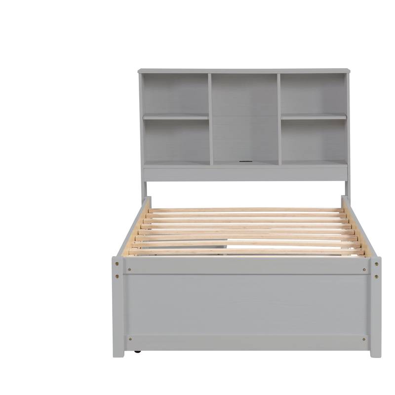 Cozy Grey Twin Bed with USB Charging & Storage Headboard