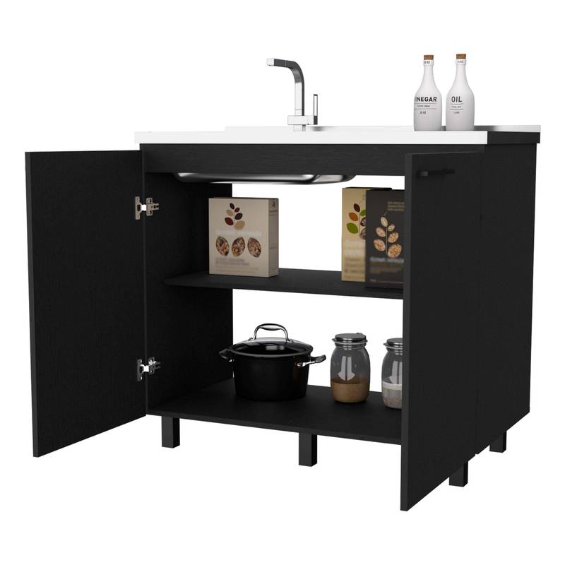 Sleek Black Utility Sink & Storage Combo