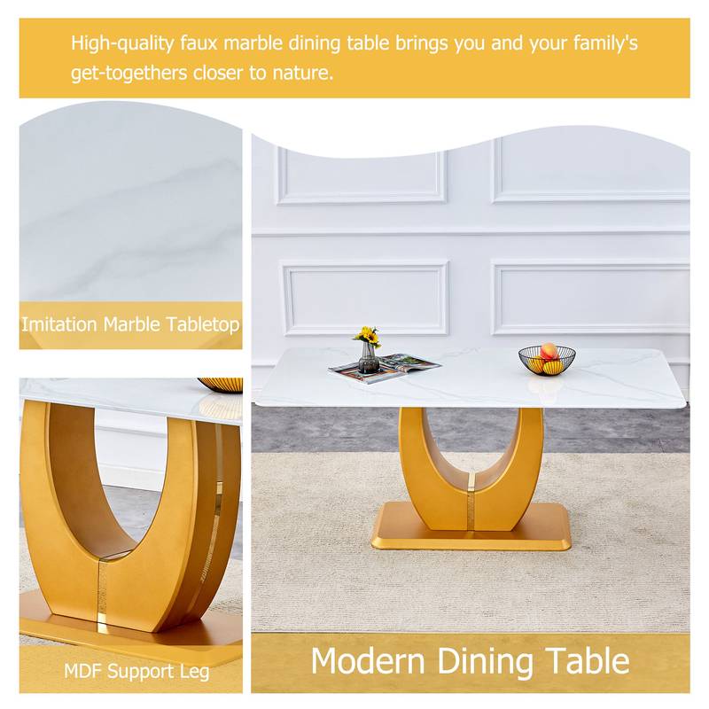 Elegant Marble-Style Dining & Desk Table with Gold Legs