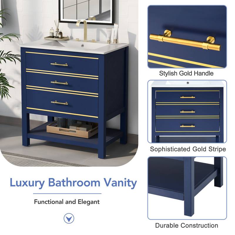 Navy Bliss: Stylish Bathroom Vanity with Open Storage