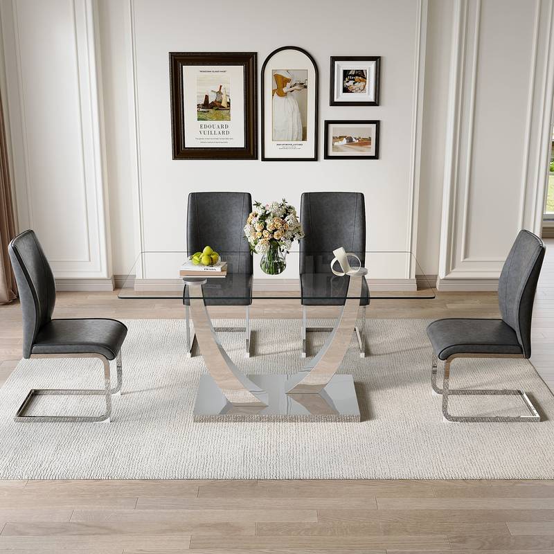 Chic Glass Dining Set with Cozy Gray Chairs