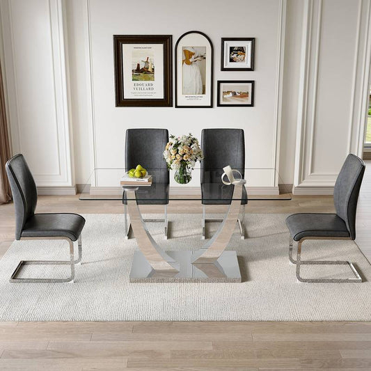 Chic Glass Dining Set with Cozy Gray Chairs