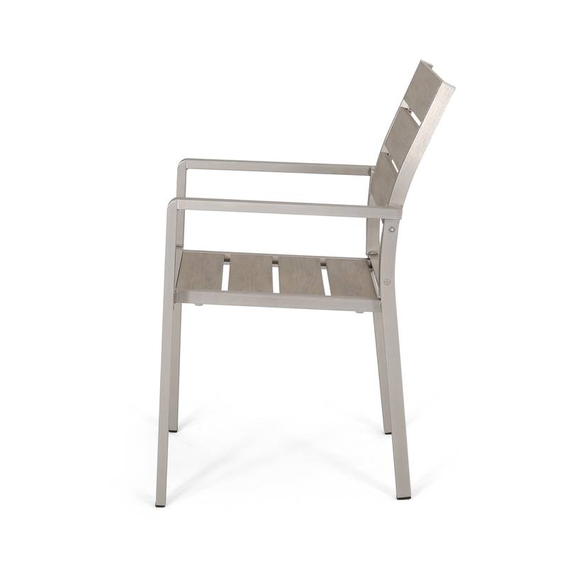 Stylish Outdoor Aluminum Dining Chairs with Natural Wood Look - Set of Two