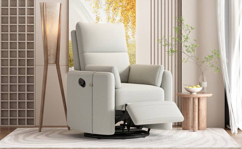 Cozy Beige Swivel Rocker Recliner with Pillows