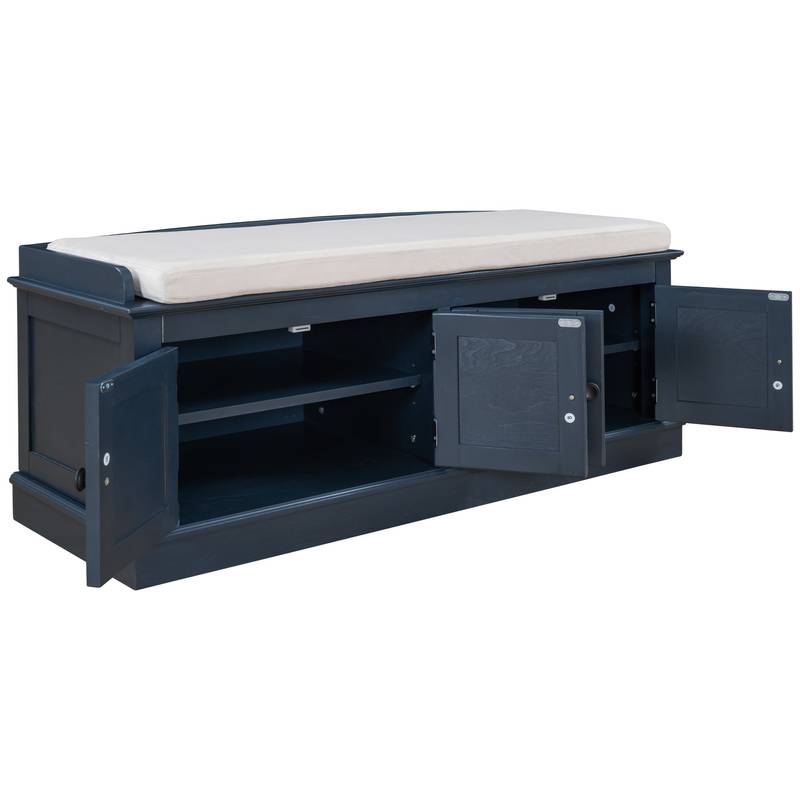 Navy Storage Bench with Cushion & Shelves