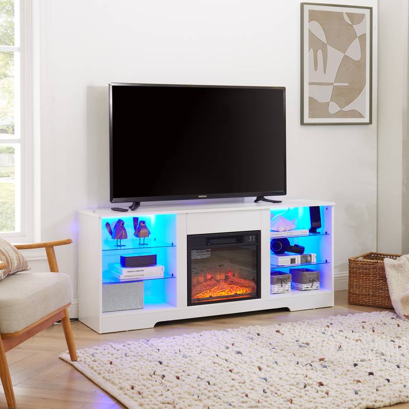 Modern Electric Fireplace TV Stand with LED Lights and USB Charging