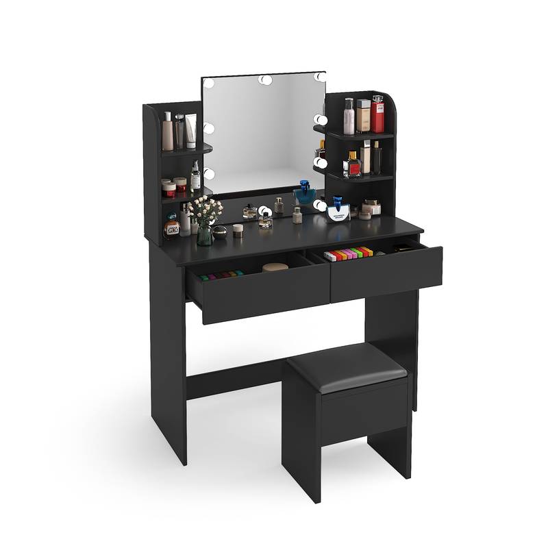 Chic Black Vanity with Mirror and Shelves
